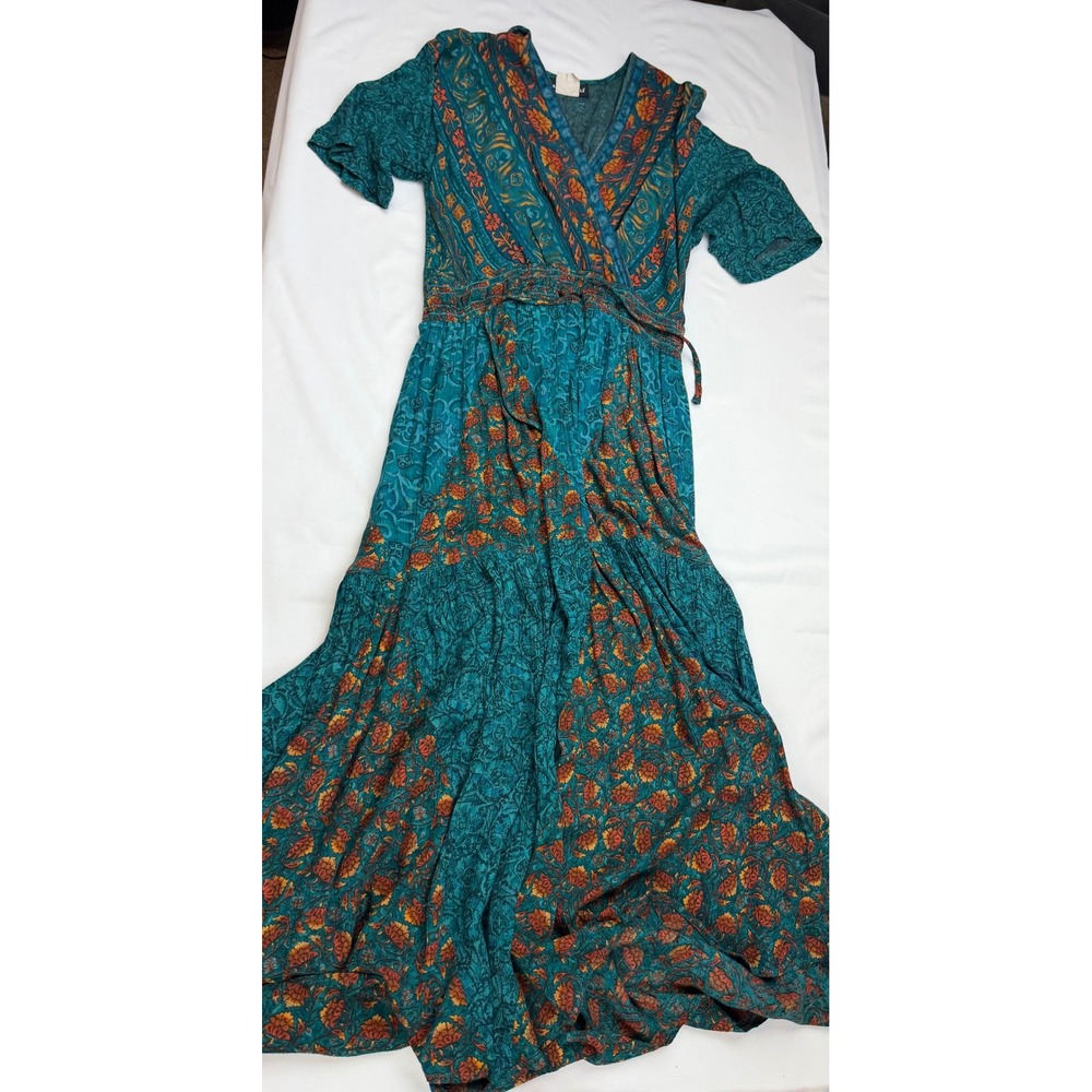 Carole Little Vintage Maxi Dress Teal Orange Floral Paisley Boho Rayon Size 10
